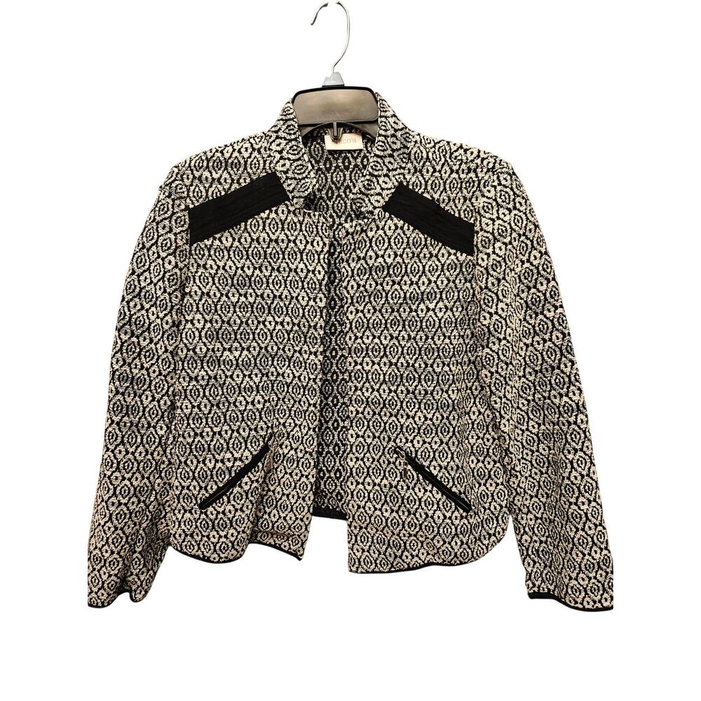 Chico's Women's Jacket Black White Textured Geometric Pattern Zip Pockets Medium